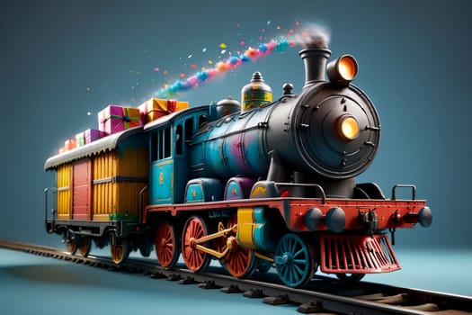 a bright colorful train travels with New Year's gifts .