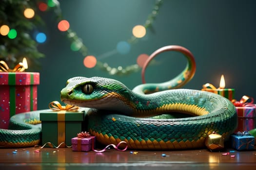 New Year snake with gifts , New Year card .