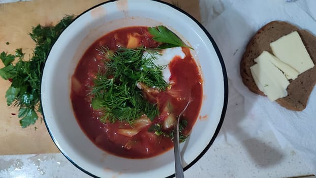 red borscht soup with parsley, food lunch cooking. High quality photo