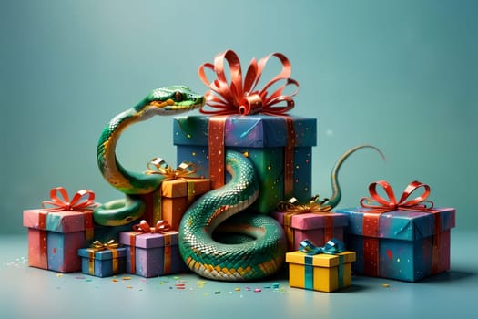 New Year snake with gifts , New Year card .