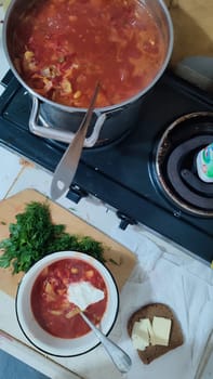 red borscht soup with parsley, food lunch cooking. High quality photo