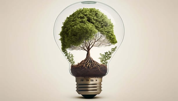 Light bulb with plant leaves. Green energy. Generative AI,