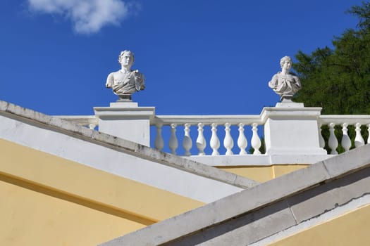 Krasnogorsk, Russia - 1 May. 2024. Balustrade with statues in the Arkhangelskoye Estate Museum.