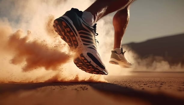 Close-up at the feet of a man running in sneakers. Generative AI,
