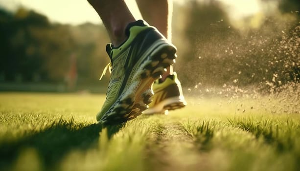 Close-up at the feet of a man running in sneakers. Generative AI,