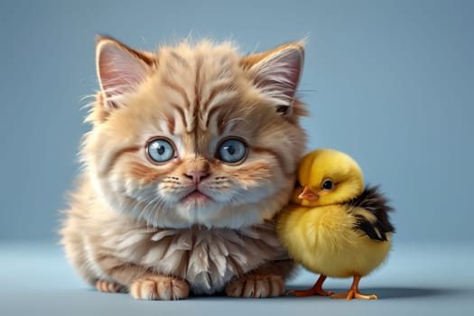 cute kitten and yellow chick, isolated on blue background .