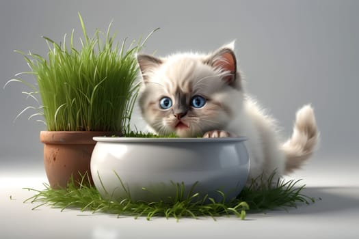 cute Ragdoll kitten eating green juicy grass from a pot, isolated on a white background .