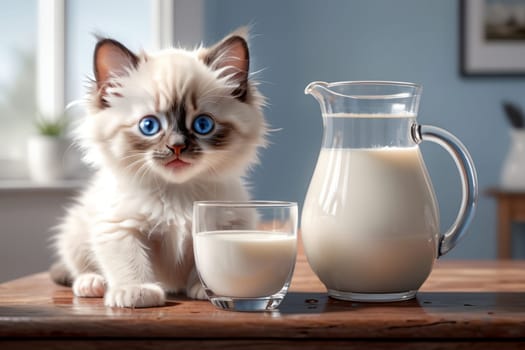 cute Ragdoll kitten and fresh milk in a glass, isolated on a blue background .