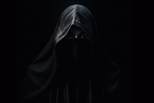 An enshrouded figure in a dark cloak, face obscured in shadows, creates an air of mystery and foreboding, suggestive of future prediction and the unknown