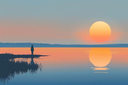 A minimalist digital illustration captures a single silhouette against a serene lakeside sunset with a reflection on the water surface