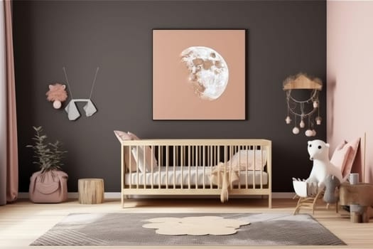 A charming nursery room with pastel tones, featuring a crib, soft toys, and a captivating moon poster, creating a soothing ambiance for a baby's restful sleep