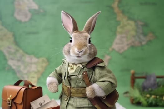 A sophisticated rabbit, ready for an adventure with a map and vintage suitcase, stands before a world map