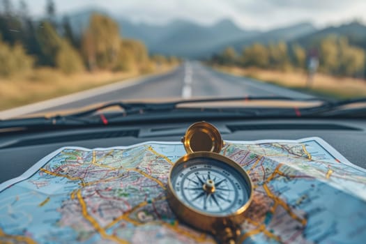 A compass and map spread across a car dashboard, ready for a road trip, with a breathtaking mountainous landscape stretching out in front of the car