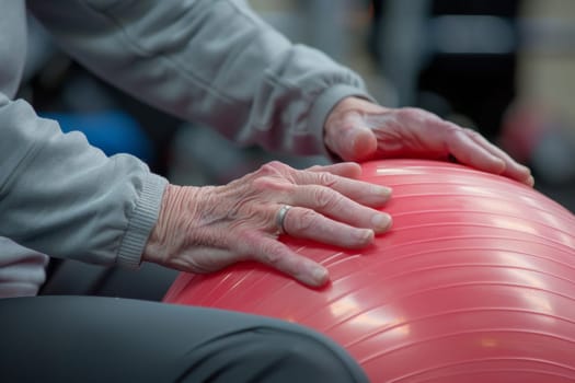 Close-up of elderly hands with manicured nails resting on a blue exercise ball, highlighting the importance of fitness in senior health