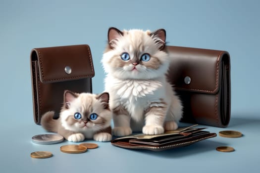 cute Ragdoll kitten with wallet and coins, isolated on blue background .