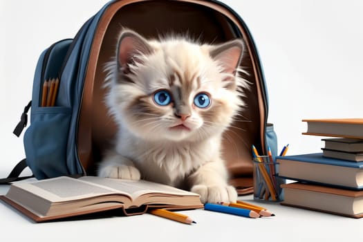 cute Ragdoll kitten with textbooks, backpack and other school supplies .