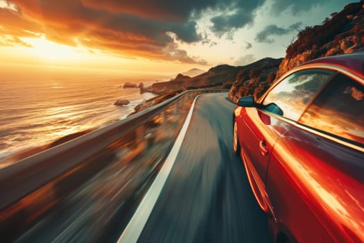 Dynamic perspective of a red car driving fast on a coastal road at sunset, with motion blur accentuating the sense of speed.