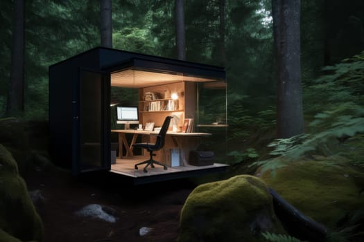 A tranquil outdoor office space nestled among towering trees, with dappled sunlight filtering through the leaves onto a modern desk setup, invoking a peaceful work environment in nature