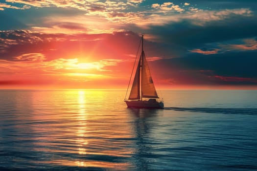 Sailboat sailing at sunset on calm sea. Professional ocean landscape photography. Nautical journey and sailing concept