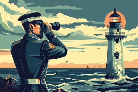 A sailor standing on a boat looking through a telescope at a lighthouse in the distance, under the clear sky on the Day of the Seafarer.