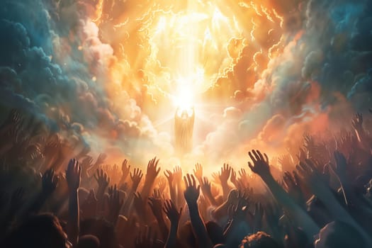 A painting depicting Jesus surrounded by numerous hands reaching towards him in reverence and worship, symbolizing unity and spiritual connection.