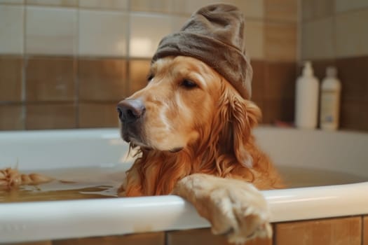 A dog sits in a bathtub with a towel draped over its head, looking adorable and funny.