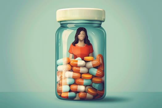 A woman confined in a jar filled with various pills. Symbolic representation of the impact of drug abuse and the dangers of illicit trafficking.