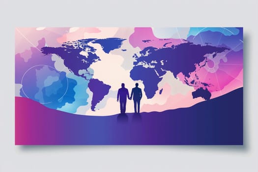 Silhouettes of two people stand before a stylized world map symbolizing the global impact of family remittances.