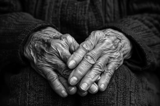 A black and white close-up of the weathered hands of an old woman, showcasing the natural aging process and life experiences in intricate details.