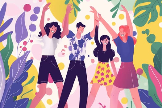 A diverse group of individuals is joyfully dancing in front of a vibrant and colorful background.