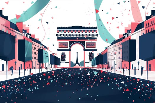 Festive ribbons and confetti adorn the Arc de Triomphe, marking the joyous celebration of International Olympic Day.