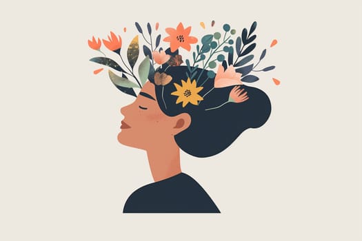 A calm womans profile with a variety of flowers blooming from her head, symbolizing tranquility on International Panic Day.