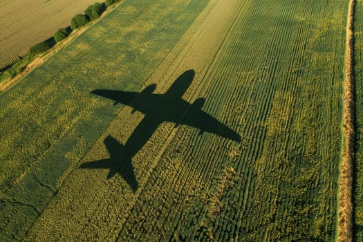 A plane is flying over a field, casting a shadow on the ground below.