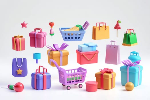 A collection of vibrant shopping bags and boxes arranged on a clean white surface. The bags and boxes come in various colors, adding a pop of brightness to the scene.