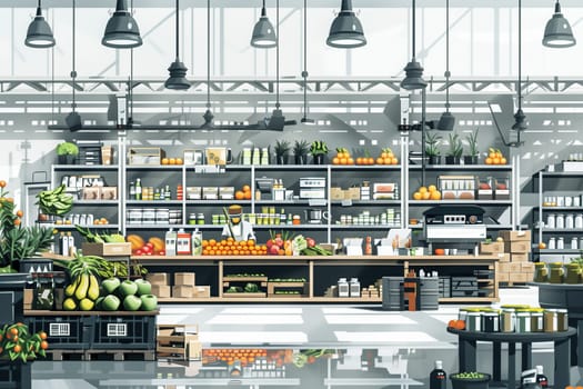 A vibrant illustration of a busy grocery store overflowing with a colorful array of fresh fruit and vegetables.