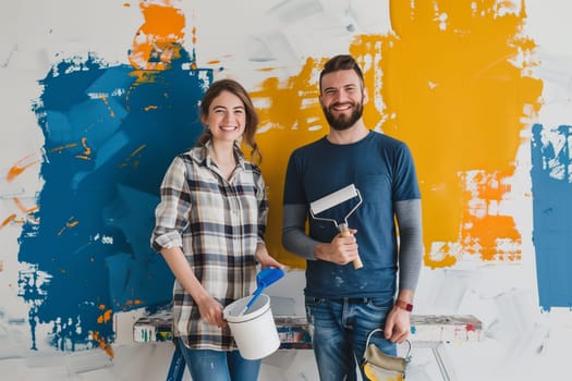 A man and a woman are painting a room together. The man is holding a paint roller and applying paint to the walls, while the woman is using a brush to cut in around the edges.
