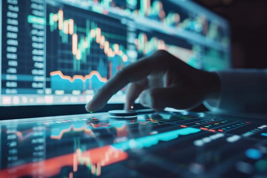 A person pointing at a computer screen displaying live stock market data, analyzing graphs and numbers.