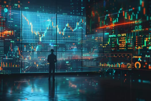 A man in business attire is standing in front of a futuristic trading room filled with digital screens and graphs.