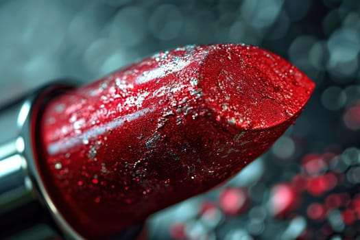 Close-up of red lipstick with glitter.