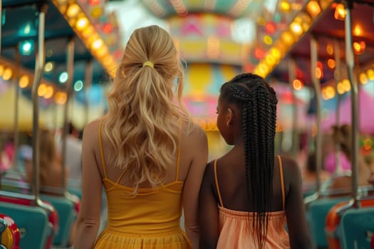 Blonde mother and black daughter in an amusement park. Multiracial marriage concept.