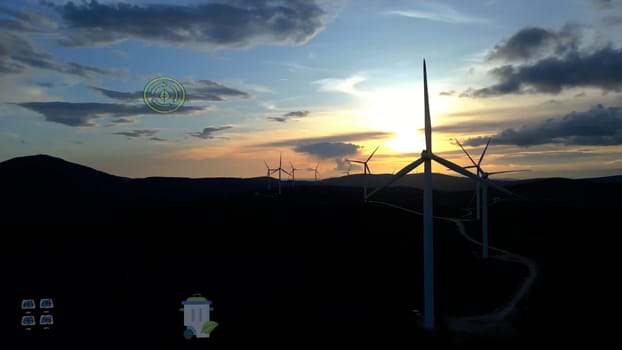 Alternative Energy. Wind farm. Aerial view of horizontal-axis wind turbines generating electricity Wind energy. Clean renewable energy technologies. Wind power plants. Animated visualization concept. High quality photo.