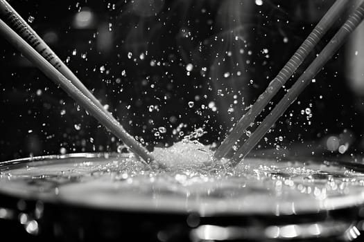 Drumsticks on a wet drum, close-up. Live music concept. Black and white.