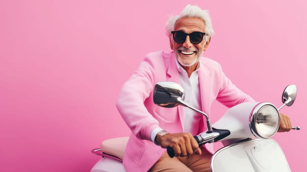 Cheerful happy senior man riding pink scooter, stylish elderly male driver driving moped enjoying summer vacation, road trip