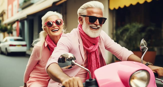 Cheerful happy senior couple riding pink scooter on city street, stylish elderly woman and man driving moped together enjoying summer vacation, road trip