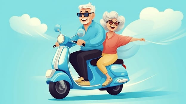 Cheerful happy senior couple riding scooter together, stylish elderly woman and man driving moped enjoying summer vacation, road trip