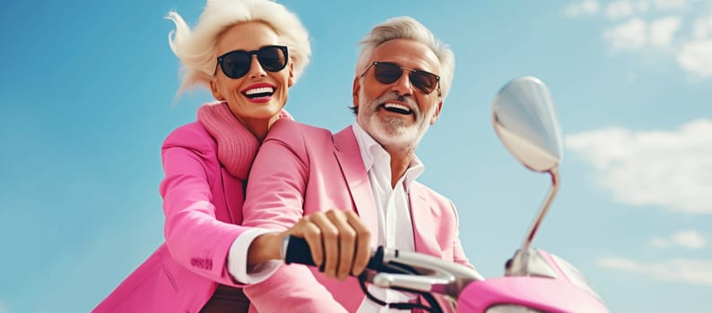 Cheerful happy senior couple riding pink scooter on city street, stylish elderly woman and man driving moped together enjoying summer vacation, road trip