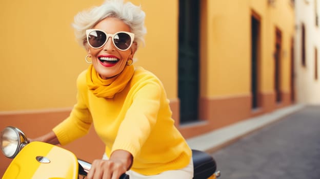 Cheerful happy senior woman riding yellow scooter on city street, stylish elderly female driver driving moped enjoying summer vacation, road trip
