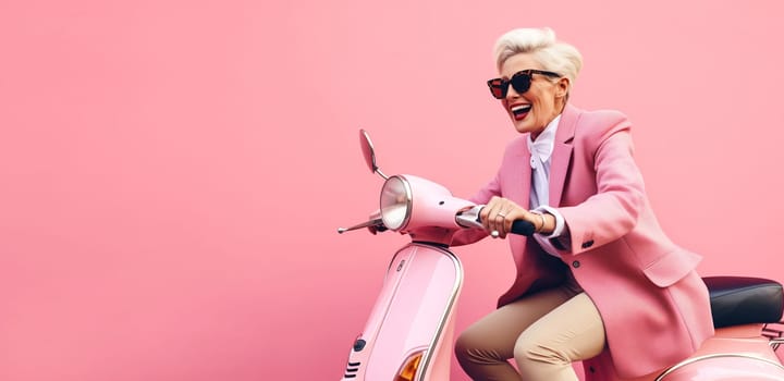Cheerful happy senior woman riding pink scooter, stylish elderly female driver driving moped enjoying summer vacation, road trip