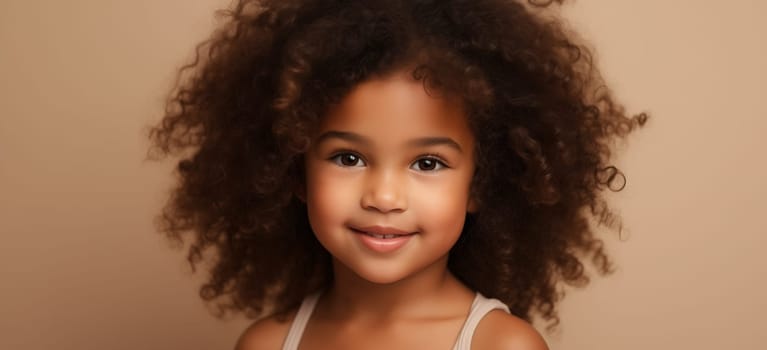 Beauty portrait of African pretty little girl child looking at camera on beige background