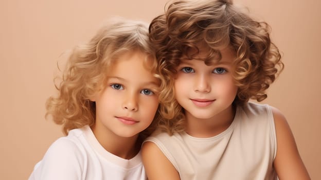 Beauty portrait of pretty little girl and boy, children looking at camera on beige background